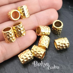 Gold Spacer Beads, Gold Plated Beads, Gold Tube Beads, Jewelry Spacers, Large Hole Beads, Hammered Spacer Beads, Barrel Spacer Beads, 2Pc