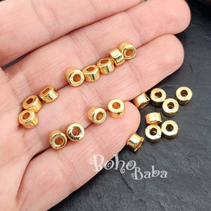 Shiny Gold Plated Spacer Beads, Large Hole Beads, Round Gold Beads, Plain Tube Beads, 10 Pc