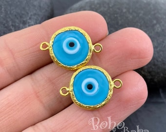 Murano Glass Blue Evil Eye Connector Charm, Gold Plated Handmade Evil Eye Charm