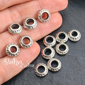 Antique Silver Plated Spacer Beads, Large Hole Round Hoop Beads, Tribal Jewelry Spacers, 6 Pc