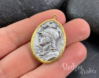 Silver Greek Coin Pendant, Roman Coin Charm, Ancient Greek Medallion Charm Findings
