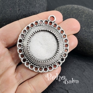 Antique Silver Plated Large Round Bezel Blank, Resin Jewelry Tray Blanks, Cameo Cabochon Base Setting, Photo Frame Pendant, 1Pc