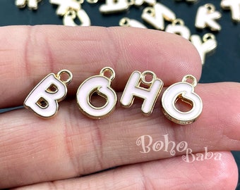 Gold Plated Enamel Initial Charms, Pink Enamel Alphabet Letter Charms, Initial Charms for Jewellery