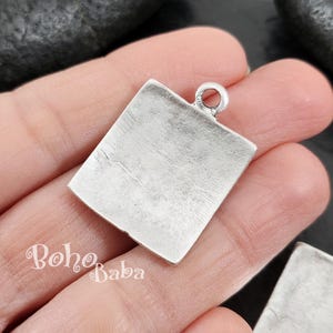 Silver Rectangle Pendant, Rustic Silver Pendant, Geometric Necklace, Silver Square Pendant, Tribal Jewelry, Square Charm, 2 Pc