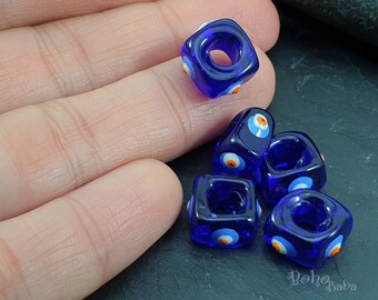 Perles mauvais œil bleu chalumeau, perles mauvais œil en verre, perles de collier carrées, perles mauvais œil turques faites main, 2 pièces