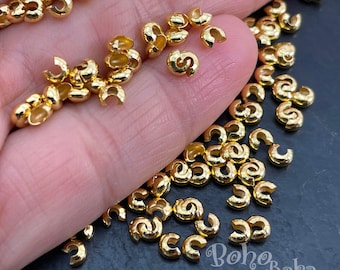 Cubiertas para nudos de cuentas de engarce, engarces para nudos, engarces en C, engarces chapados en oro, topes para cuentas, suministros para bisutería, suministros para joyería, fornituras de oro, 50 piezas
