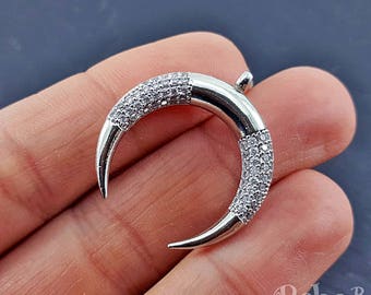 Pingente crescente de prata, pingente de lua de prata micro pave, pingente de zircônia cúbica CZ, pingente de chifre pavimentado, 1 peça