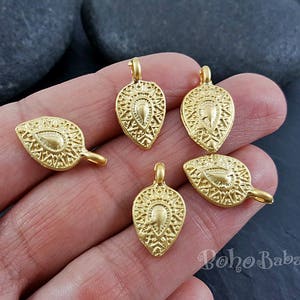 Matte Gold Plated Tribal Teardrop Charms, Drop Charms, Bohemian Earring Dangles, 4 Pc