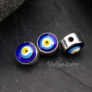 Blue Evil Eye Spacer Beads, Silver Evil Eye Beads, Enamel Evil Eye Charms, 3 Pc