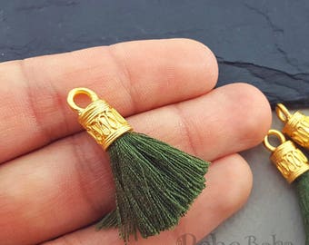 Green Cotton Tassels: Gold Plated Boho Charms (4 Pieces)