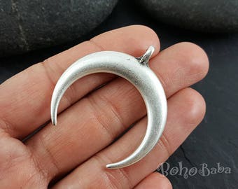 Silver Crescent Moon Charm, Silver Double Horn Pendant