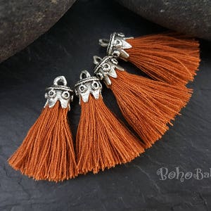 Burnt Orange Mini Cotton Tassels, Tassel Findings, Mini Boho Tassels, Bracelet, Antique Silver Plated Jewelry Mini Tassels, Earring Tassels