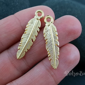 Gold Feather Charms, Gold Feather Pendants, Gold Earring Charms, Gold Leaf Charms,  4pc