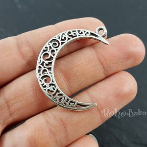 Silver Filigree Crescent Charms, Antique Silver Plated Tribal Crescent Charms, Moon Earrings, 2 Pc