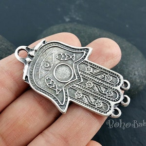 Silver Hamsa Pendant, Large Silver Hand Connector Charm, Hamsa Jewelry Findings, 1Pc