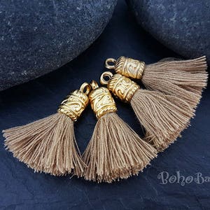 Beige Mini Cotton Tassels, Tassel Necklace, Mini Boho Tassels, Tassel Bracelet, Gold Plated Tassel Cap, Mini Tassels, Earring Tassels