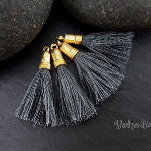 Dark Gray Mini Cotton Tassels, Tassel Jewelry, Mini Boho Tassels, Tassel Bracelet, Gold Plated Tassel Jewelry, Mini Tassels Earring Tassels
