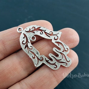 Silver Hamsa Pendant, Large Hand Charm, Antique Silver Plated Hamsa Findings, 2 Pc