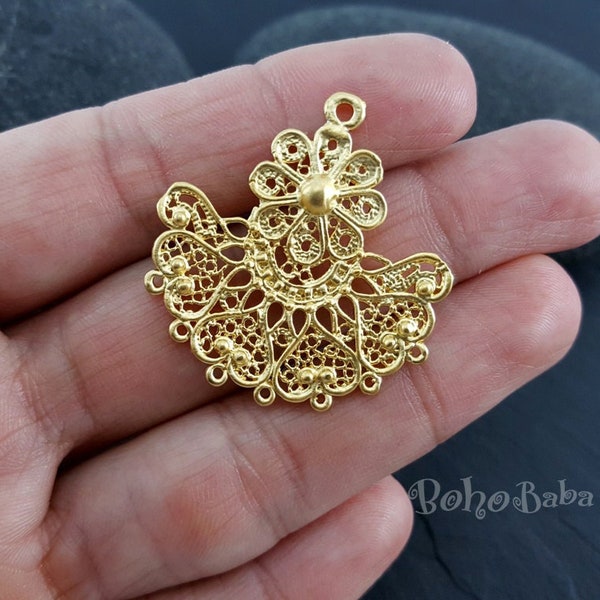 Gold Plated Multi Strand Tribal Charms, Filigree Gold Pendants, Chandelier Earring Findings, 2pc
