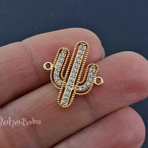 Gold Cactus Connector Charm, Gold Plated Micro Pave Cactus Charm, Micro Pave Charm Findings