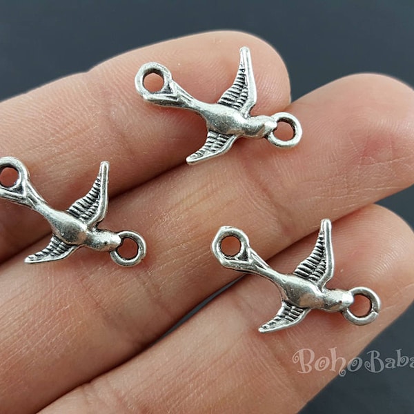 Antique Silver Plated Brass Silver Swallow Charms, Silver Bird Connector Charms, 10 Pc