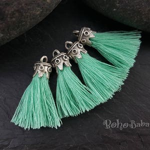 Mint Mini Cotton Tassels, Tassel Jewelry, Mini Boho Tassels, Tassel Bracelet, Antique Silver Plated, Mini Tassels, Earring Tassels