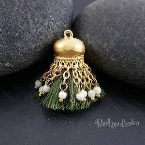 Groene mini katoenen kwast, kwastjes, mini boho kwast, kwastjes armband, 22 kt vergulde sieraden, mini kwasten, kwastjes oorbellen, 1 st
