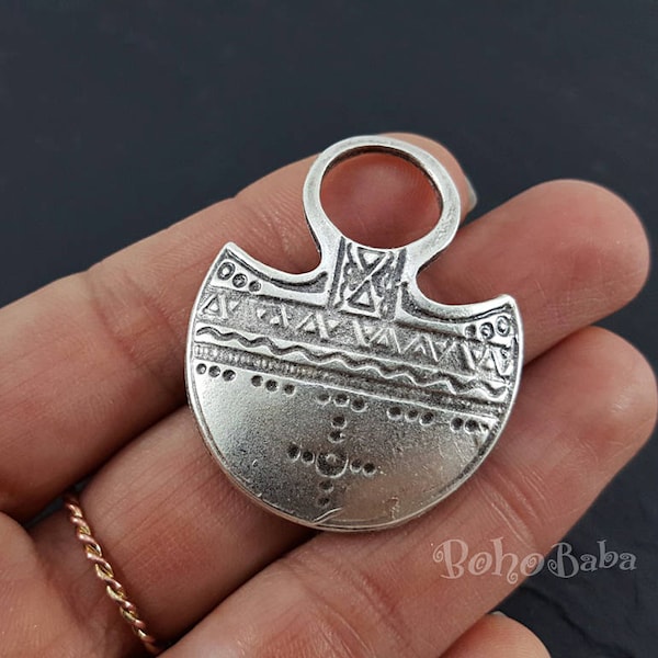 1Pc, Silver Tribal Pendant, Tribal Necklace, Anchor Pendant, Boho Findings, Tribal Jewelry, Ethnic Pendant, Large Loop Pendant, Dome Pendant