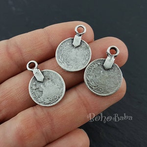Mini Silver Coin Charms, Rustic Ottoman Coin Charms, Coin Pendants, Coin Findings, 6 Pc
