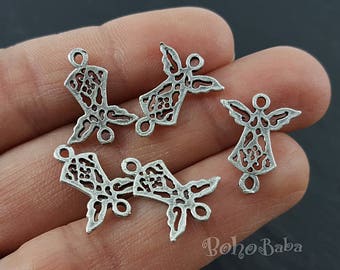 Antique Silver Plated Brass Angel Connector Charms, 5 Pc