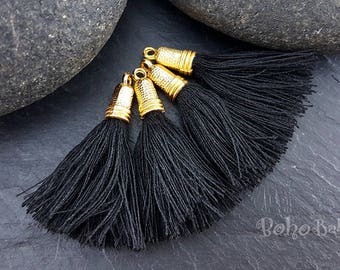 Black Cotton Tassel Charms, Mini Gold  Earring Tassels, Boho Tassel Jewelry,