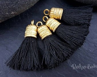 Black Cotton Tassels, Tassel Jewelry, Mini Boho Tassels, Gold Tassel Jewelry, Mini Earring Tassels