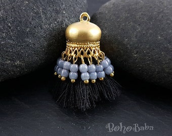 Black Mini Cotton Tassel, Matte Gold Plated, Beaded Boho Charm