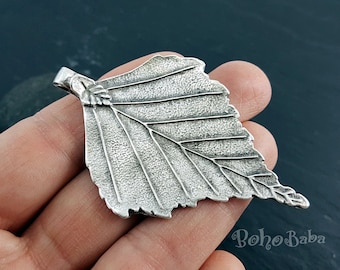 Charme feuille d’argent, pendentif grande feuille, 1pc