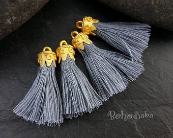 Mini Gray Cotton Tassels, Matte Gold Plated Caps, Jewelry Making (4 Pieces)