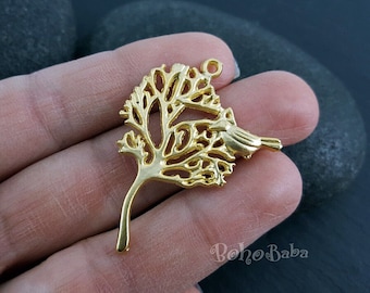 Gold Tree Charms, Tree of Life Charms, Bird on a Tree Charms, 1Pc