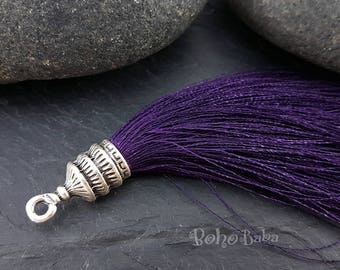 Tassel Necklace, Mala Tassel, Handbag Tassel, Bohemian Jewelry, Purple Silk Tassel, Silver Tassel Pendant, Tassel Jewelry, Tassel Earring