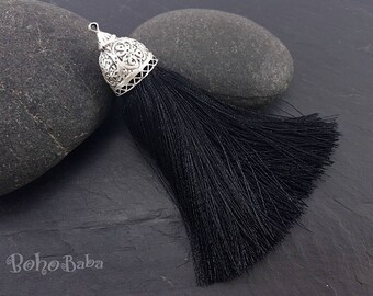 Extra Large Tassel, Silk Tassel, Black Tassel, Tassel Necklace, Thick Silk Tassel, Turkish Jewelry, Tassel Pendant, Silver Cap Tassel