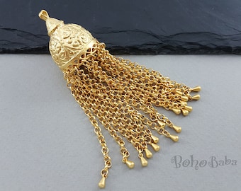Gold Chain Tassel Necklace with Mini Teardrop Charms 22K Gold Plated Gold Chain Tassel Gold Tassel Turkish Jewelry Metal Tassel
