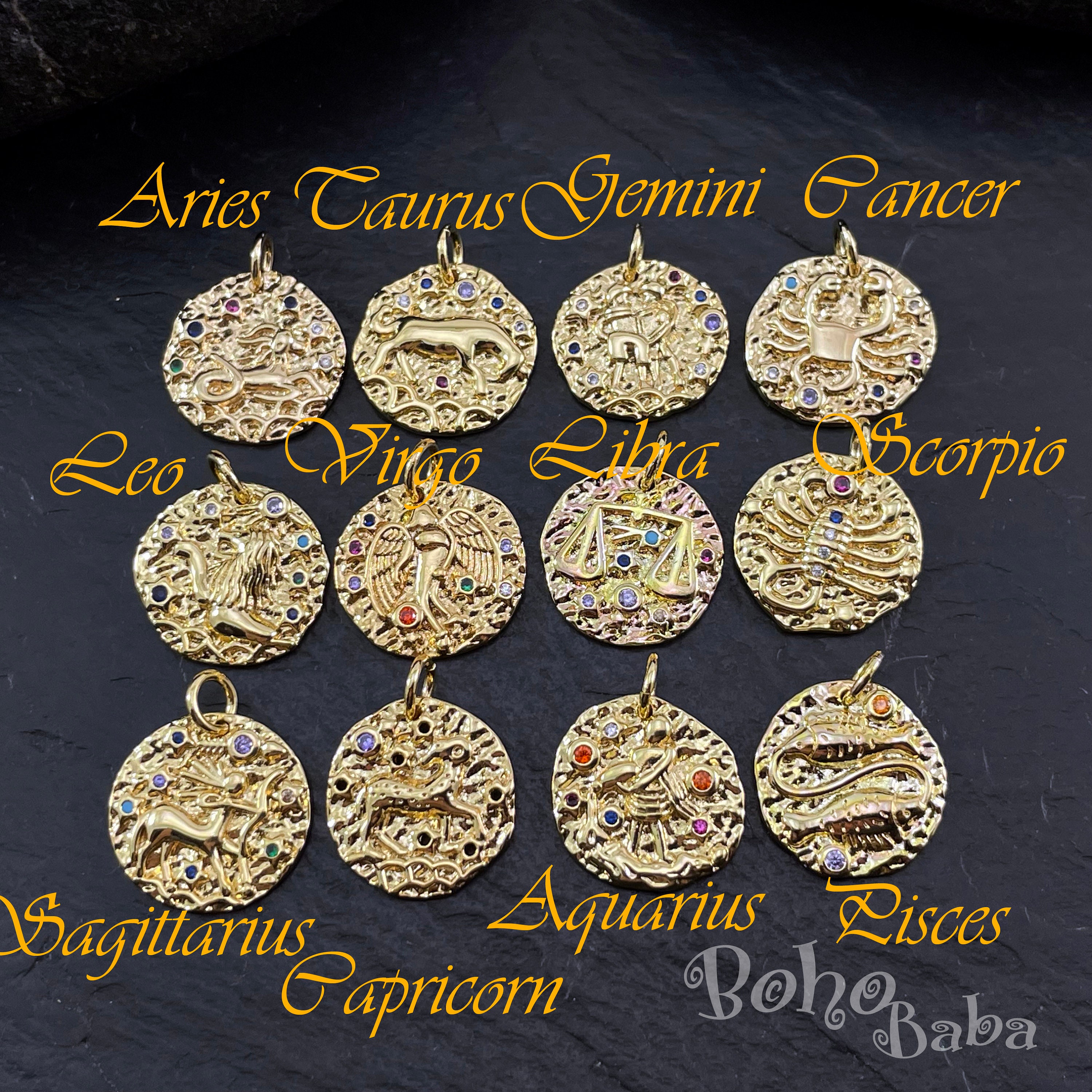 クリスタル付きゴールド星座コインチャーム、ゴールド星占いペンダント、パヴェ星座誕生チャーム、1個 - Etsy 日本