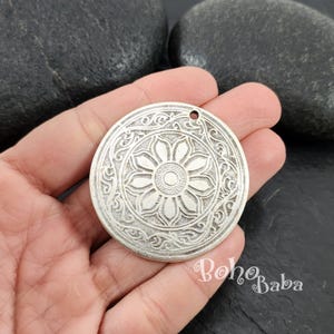 Antique Silver Plated Large Disc Pendant, Round Mandala Necklace Pendant, Ethnic Tribal Pendant, 1pc