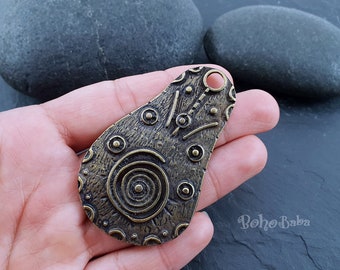 Large Bronze Plated Tribal Pendant, Swirl Bohemian Jewelry (40x66mm)