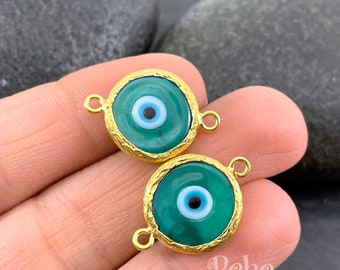 Green Lampwork Glass Evil Eye Connector Charms, Gold Plated Handmade Murano Evil Eye Charm