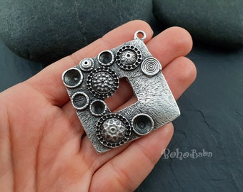 Colgante tribal grande bañado en plata antigua, accesorios de joyería étnica bohemia, colgante cuadrado de plata, 1 pieza