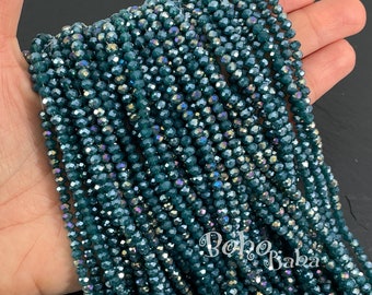 4mm Faceted Crystal Rondelle Bead Strands, Opaque Teal Green AB Crystal Beads