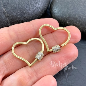 Gold Heart Carabiner Clasp, Pave Carabiner Screw Lock Charms, Necklace Carabiner Clasps