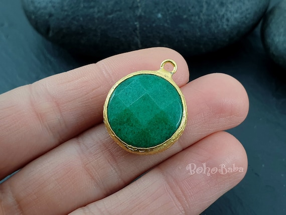 Emerald Green Jade Pendant, Gemstone Charm, Gold Plated Hammered