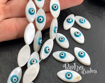 Mother of Pearl Evil Eye Beads, Natural Freshwater Shell Beads with Enamel Evil Eye, 1 Strand