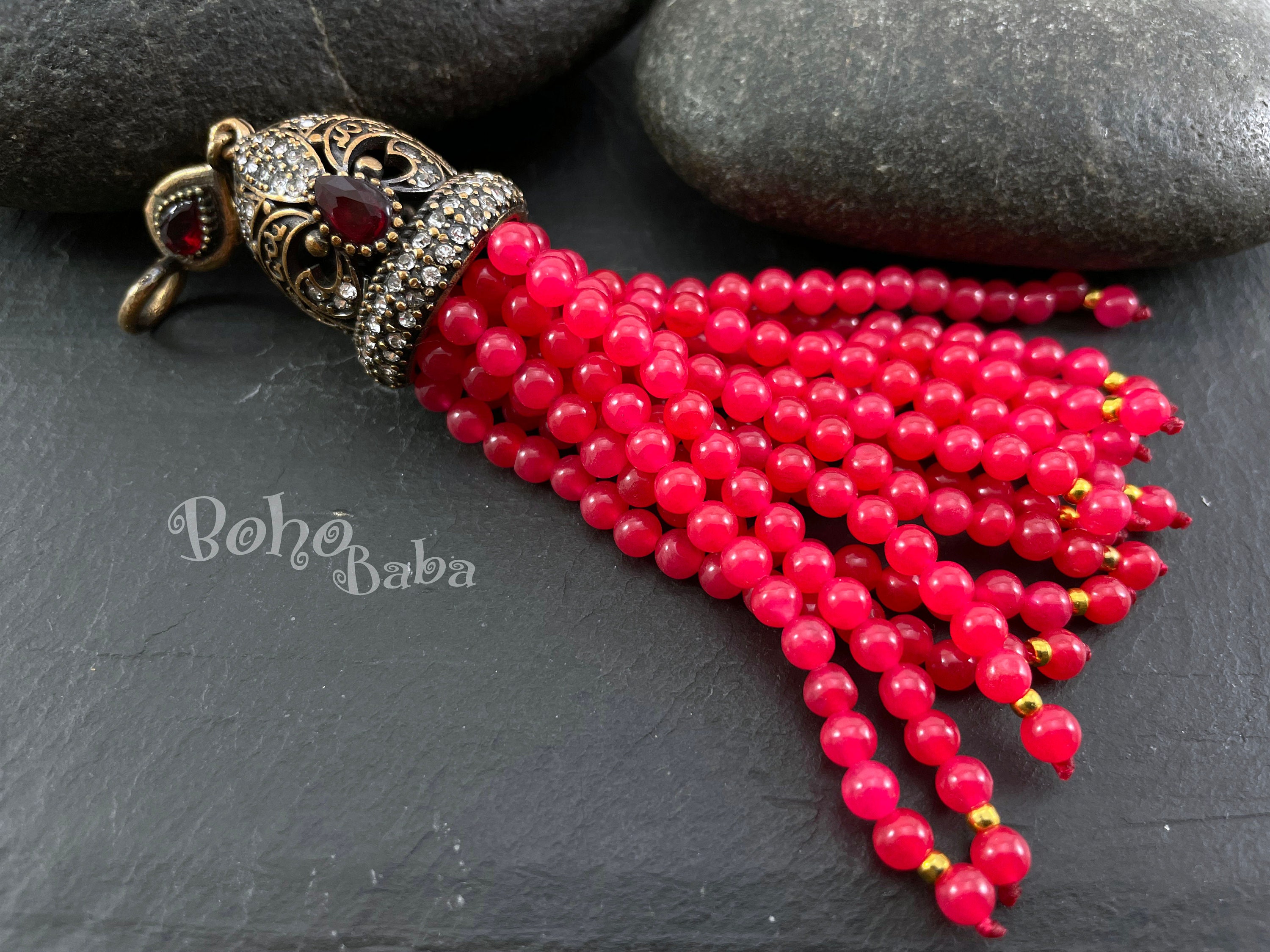 Red Gemstone Beaded Tassel Pendant, Jade Beads, Bronze Rhinestone Cap –  LylaSupplies