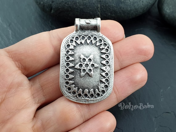 Silver Tribal Pendant, Rectangle Pendant, Silver Plated Charms, Bohemian Jewelry, Large Silver Pendant, Ethnic Charms, Tribal Jewelry, 1 Pc